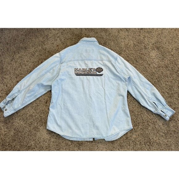 HARLEY DAVIDSON Light Wash Denim Long Sleeve Button Up Shirt Embroidered Biker L - Picture 1 of 10